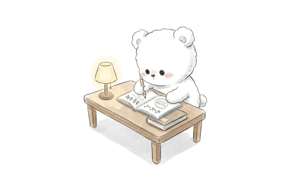 A cute bear character studying math in a Korean academy until late at night