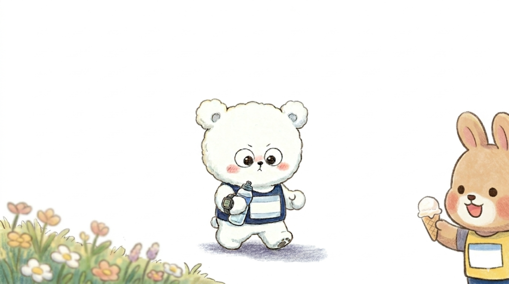 Popgom the bear tying shoelaces to prepare for a marathon on a sunny day